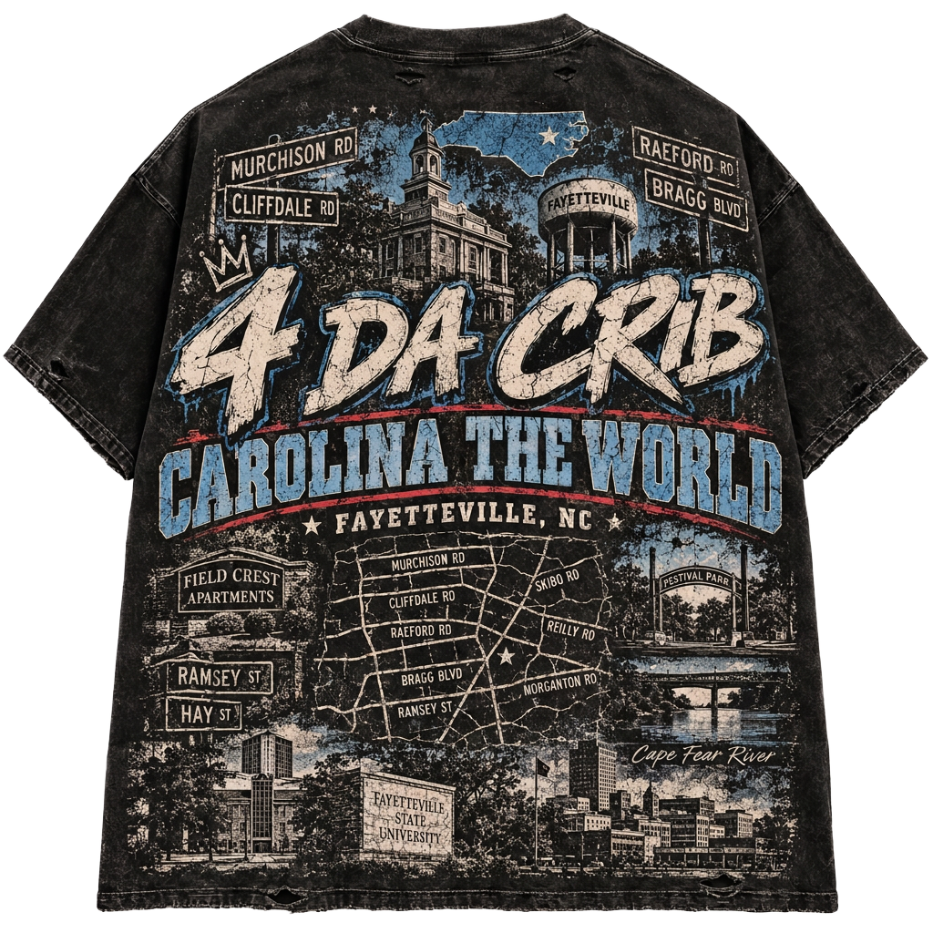 Black 4 Da Crib T-shirt with blue Fayetteville artwork