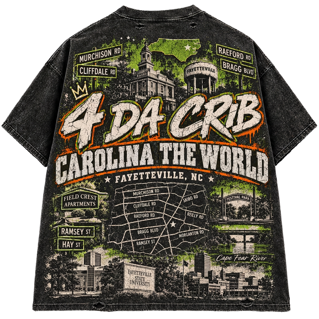Black 4 Da Crib T-shirt with green Fayetteville artwork