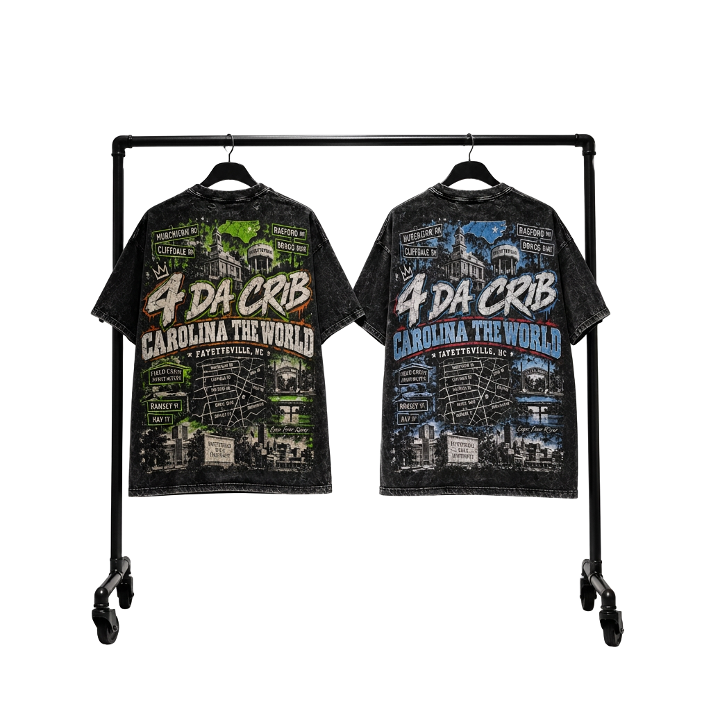 Green and blue 4 Da Crib shirts hanging together